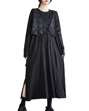 Women's Shirt Dress with Vest Long Sleeve Crewneck Tulle Solid Color Patchwork Loose GZ309