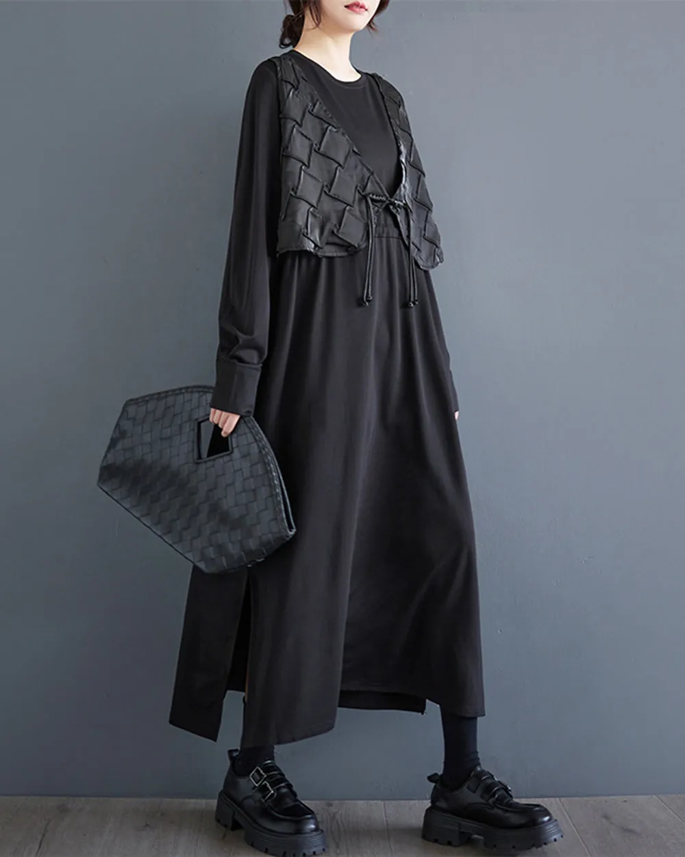 Women's Shirt Dress with Vest Long Sleeve Crewneck Tulle Solid Color Patchwork Loose GZ309