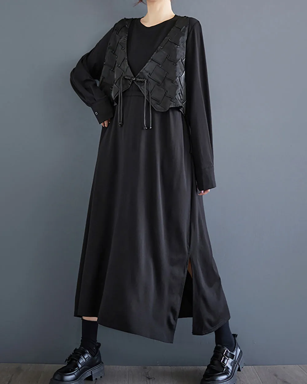 Women's Shirt Dress with Vest Long Sleeve Crewneck Tulle Solid Color Patchwork Loose GZ309