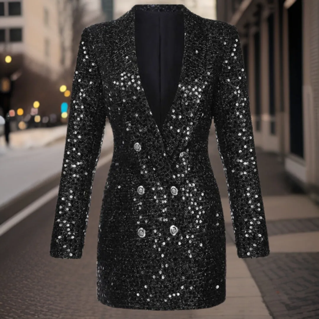 Women's Stylish Black Sequin Blazer with Buttons | For Formal Occasions