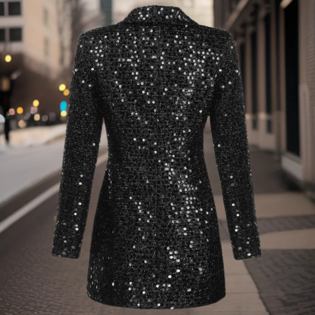 Women's Stylish Black Sequin Blazer with Buttons | For Formal Occasions